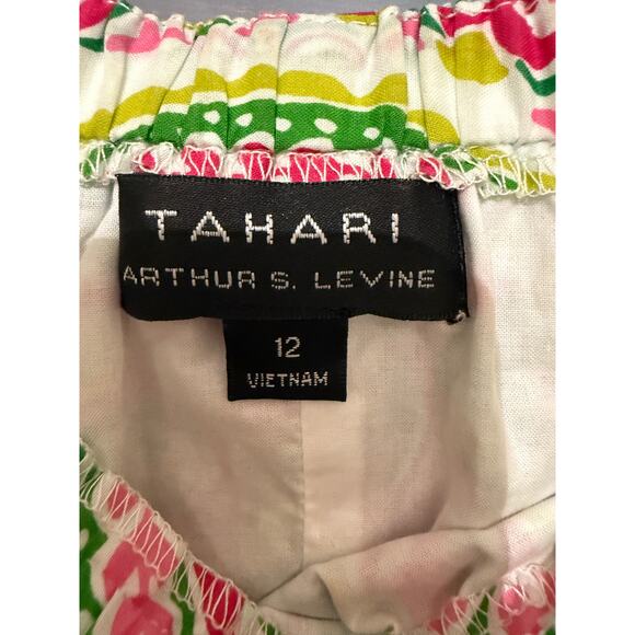 TAHARI Off the Shoulder Mini Dress Womens 12 Lined Beachy Boho Green Pink Preppy - Picture 2 of 7